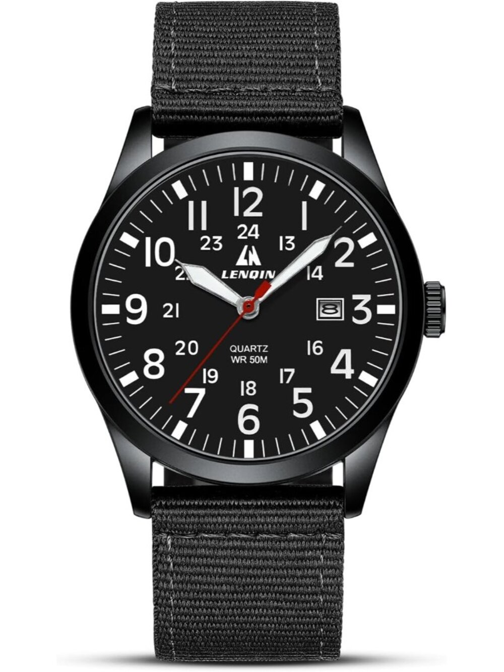 LN LENQIN Men's Black Classic Military Analog Quartz Waterproof Nylon Band Watch